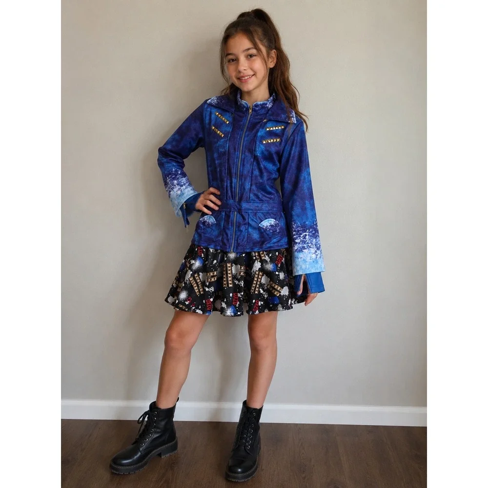 Disney Descendants Evie Costume Dress Girls Large 12 Blue Moto Jacket Graffiti
